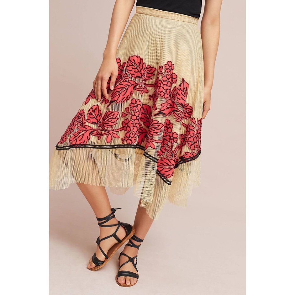 Eva Franco Anthropologie Netted Floral A line Midi Skirt with Floral Embroidery